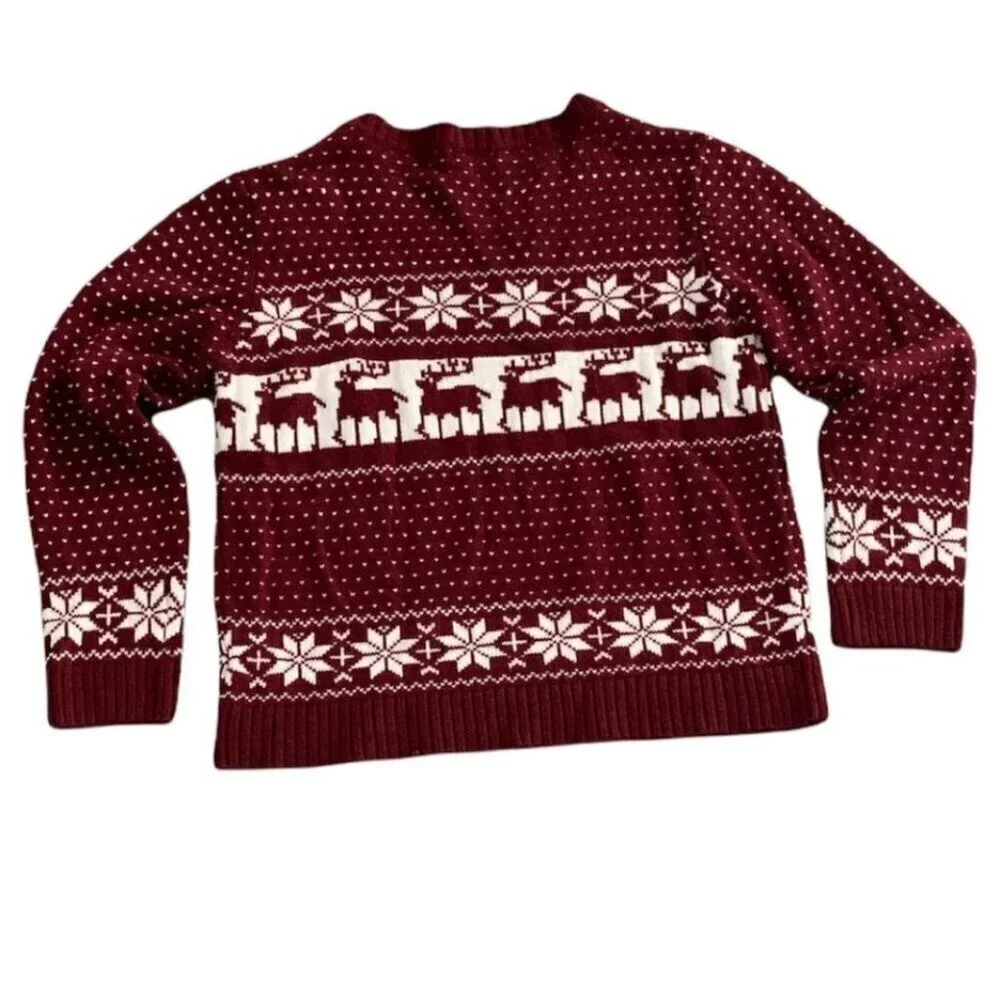 POL Maroon/Burgundy Red Reindeer Snowflake Fair Isle Sweater Sz L #216H - Picture 7 of 10